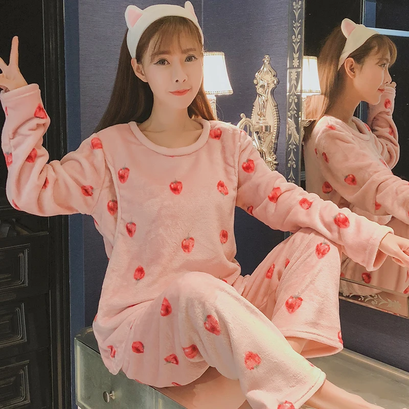 Одежда для беременных зимняя фланелевая Домашняя одежда корейская женская пижама коралловый флис теплая Пижама для беременных комплект пижамы для кормящих - Цвет: RYT aoni828fencaomei