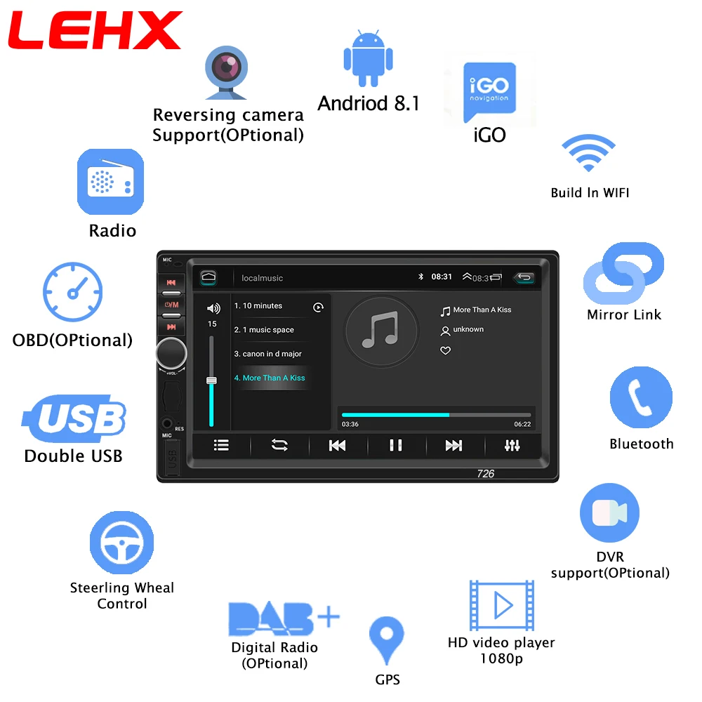Android8.1 Автомобильный мультимедийный видео плеер 2 Din универсальный авто радио GPS