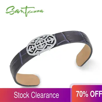 

SANTUZZA Silver Bracelet Bangle for Women Men 925 Sterling Silver Adjustable Bangle Blue Genuine Leather Chic Fashion Jewelry