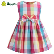 Повседневные модные летние платья в клетку без рукавов с круглым вырезом для девочек летние платья трапециевидной формы до колена с бантом для девочек Vestido YX