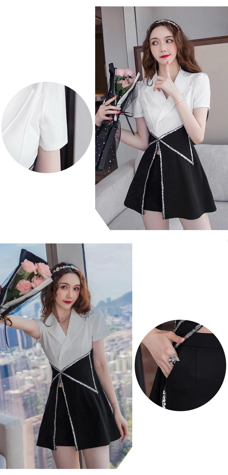 Vintage Short Sleeve Top Casual Women Work Style Black Straight Shorts Black White Splice Split Midi Shirt Blouse 2 Pieces Set yellow pant suit