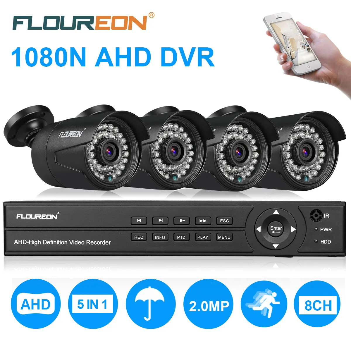 FLOUREON A6808MH IP Camera 1 X 8CH 1080P HD 1080N AHD DVR 4 X Outdoor 3000TVL 1080P 2.0MP Camera Security Kit For Smart Home