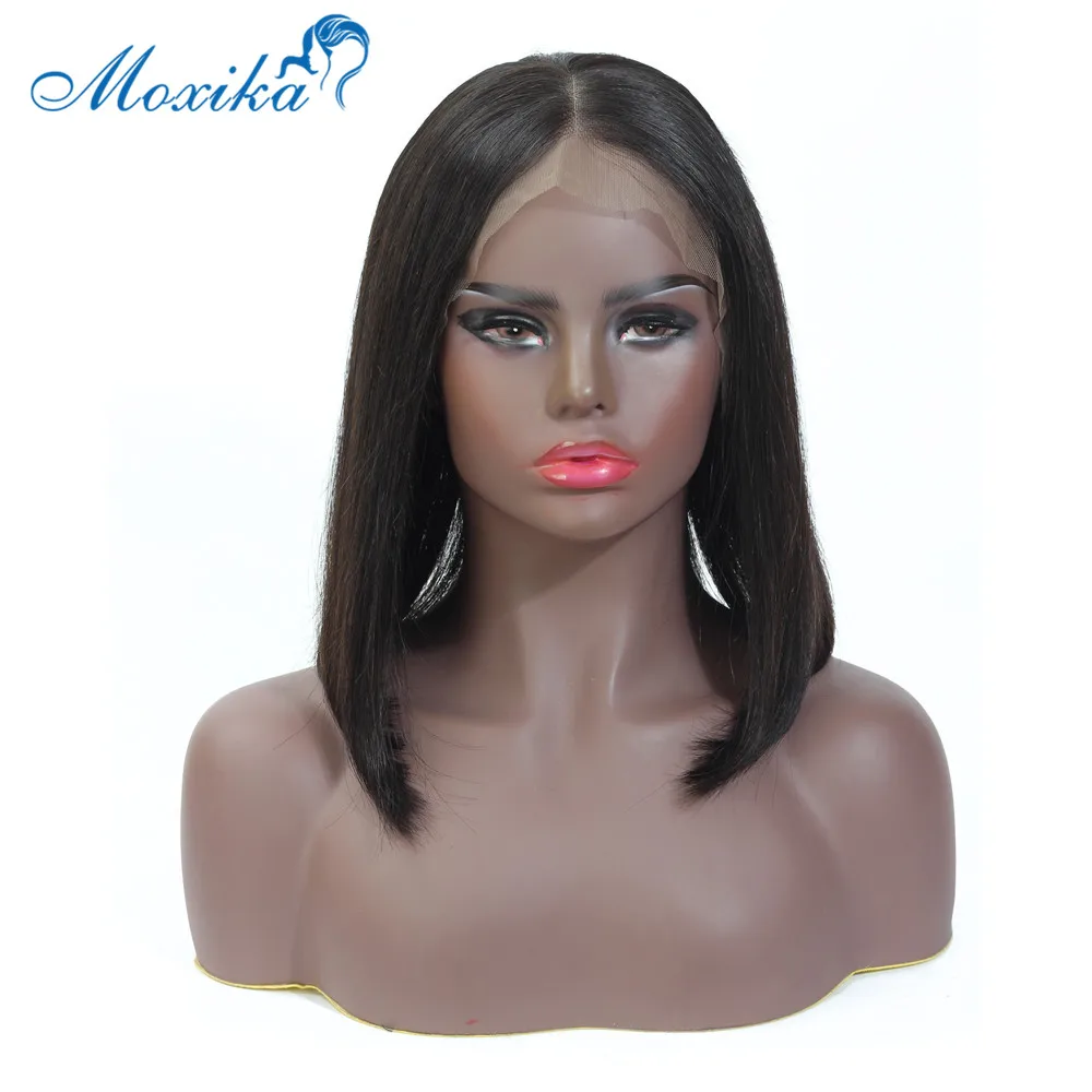 Moxika перуанские прямые человеческие волосы боб парик для черных женщин Кружева Фронтальная волосы remy парики 13*4 средняя часть предварительно сорванные
