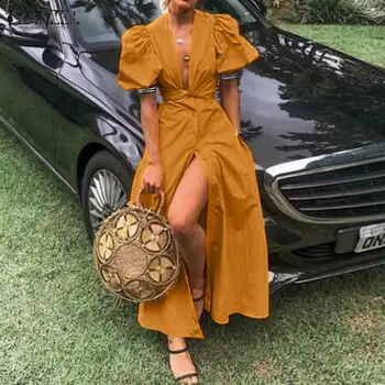 

Fashion Women Deep V neck Puff Sleeve Long Dress ZANZEA Summer Party Vestido Casual Buttons Down Split Sundress Elegant Dresses