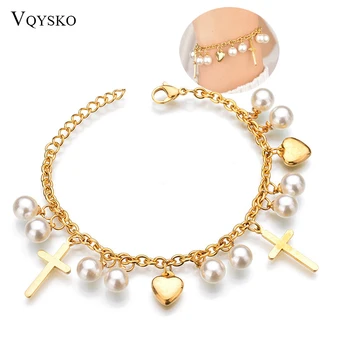 

Women New Cross Pearl Heart Charms Bracelet Bohemia Gold Color Stainless Steel Link Chain Bracelets Fashion Christian Jewelry