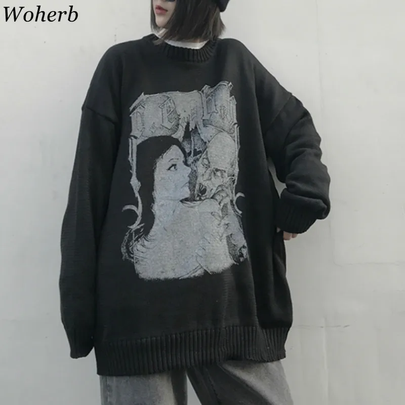 Woherb, винтажный Модный пуловер с круглым вырезом и длинным рукавом, джемпер с принтом, свободный свитер для женщин, Harajuku BF, вязаные топы, уличная одежда 91399