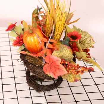 

Artificial Flower Mixed Maple Sweet And Cute Pumpkin With Rattan Basket For Indoor Table Centerpieces Autumn Harvest Decorations