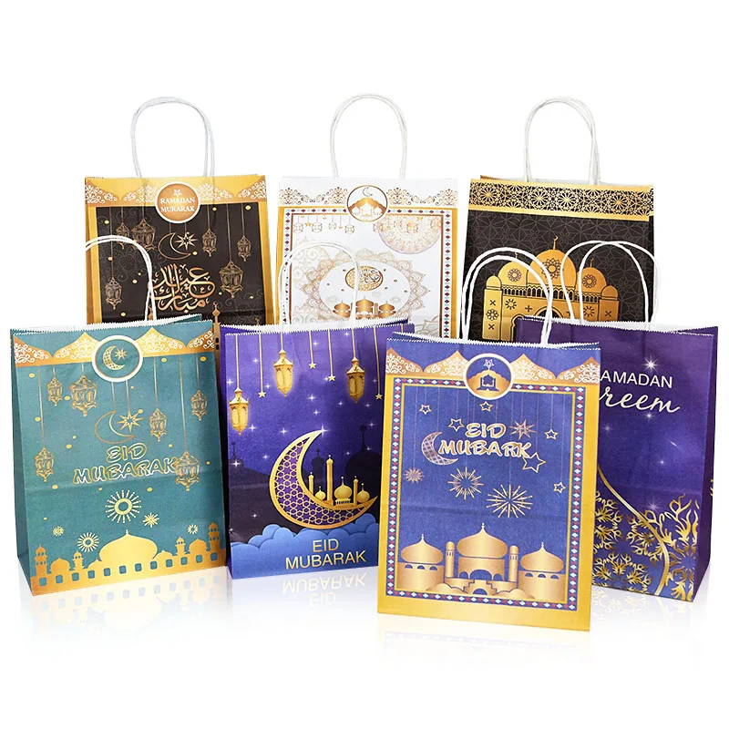 6pcs Eid Mubarak Kraft Paper Gift Bags Muslim Islamic Festival Party Cookie Candy Packaging Box Ramadan Kareem Favors Supplies