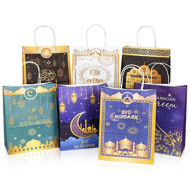 6pcs Eid Mubarak Kraft Paper Gift Bags Muslim Islamic Festival Party Cookie Candy Packaging Box Ramadan Kareem Favors Supplies random mix