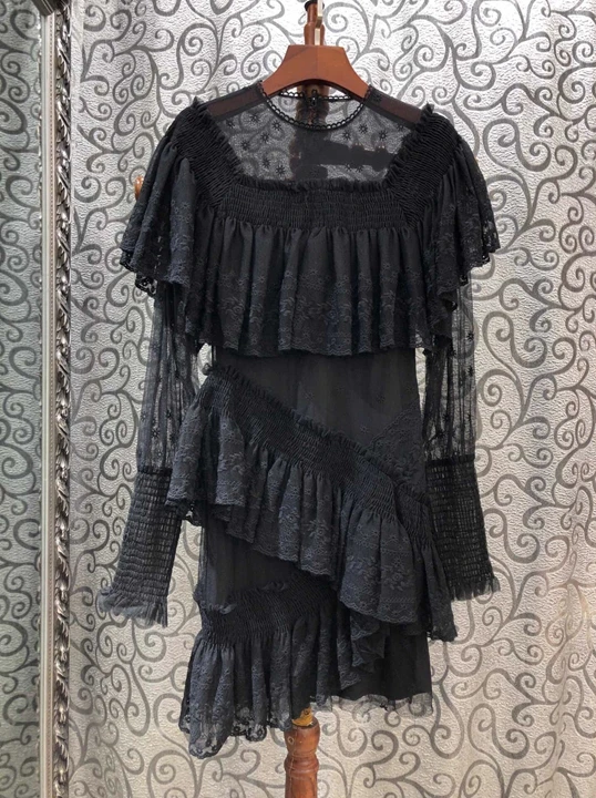 New women's Round Neck Lace patchwork irregular Ruffle long sleeve dress 1017 in autumn and winter