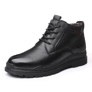 

mens casual warm plush snow boots cow leather wool winter shoes outdoor ankle boot platform bota masculina zapatos de hombre man
