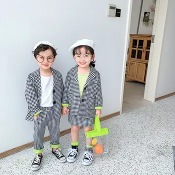 

2020 Spring Childrern Plaid Suit Set Boys Girls Jackets Pants/skirt 2pcs Clothes Sets Kids Party Birthday Costume