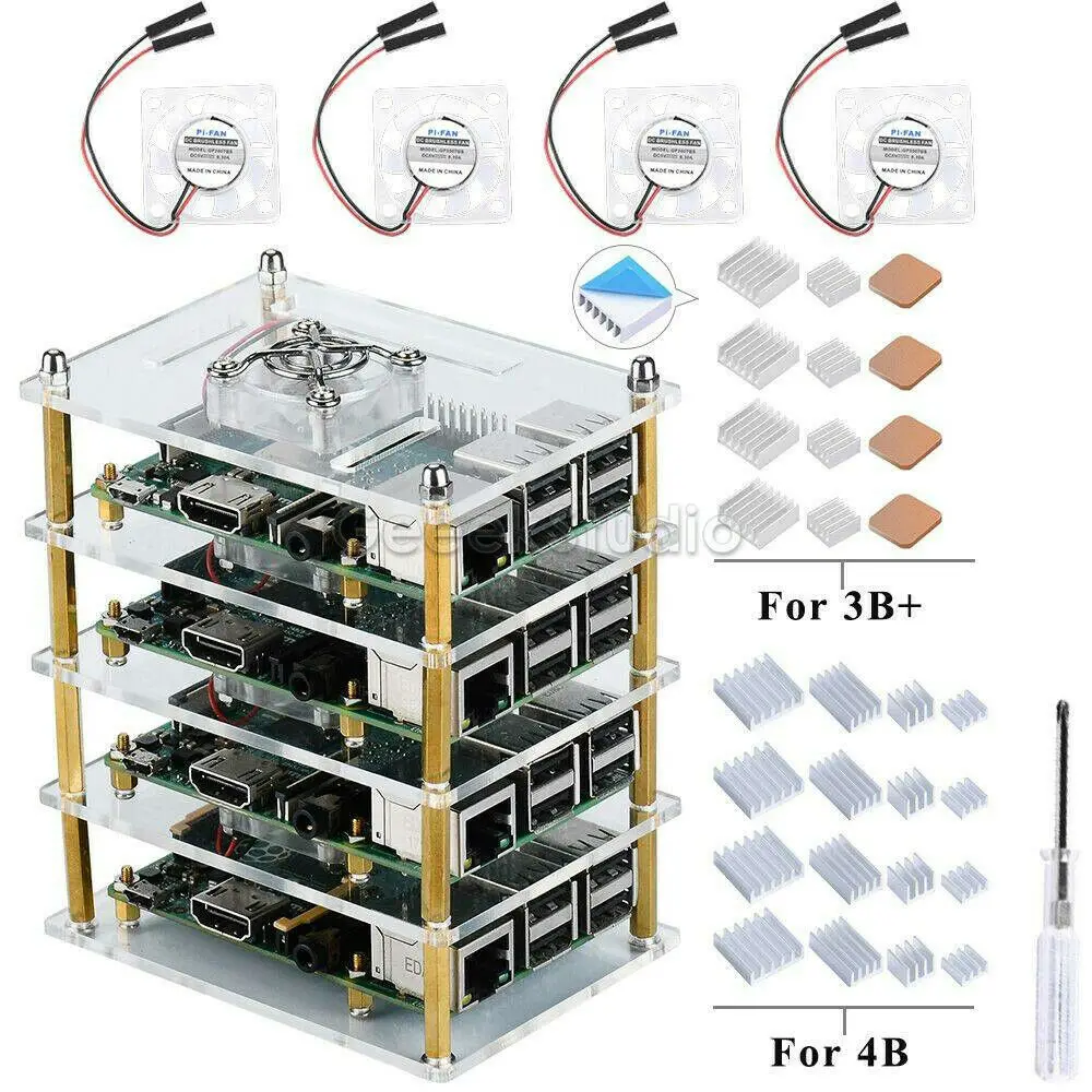 Raspberry Pi 4 Чехол акриловый кластер чехол 4-слойный с охлаждающим вентилятором для Raspberry Pi 4 Модель B/3B