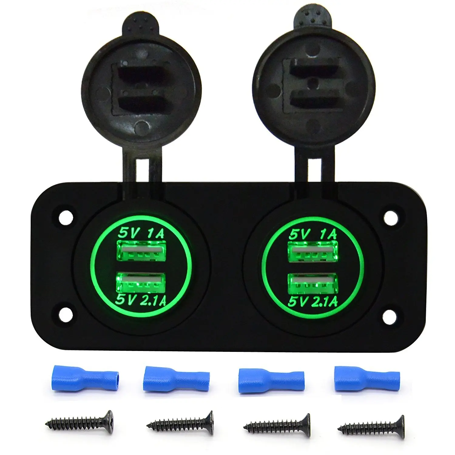 DIY 4-port USB Charger Dual 5V/3.1A Power Outlet Adapter Socket Panel for Car Boat Marine Motorcycle RV ATV(Green Blue Red LED