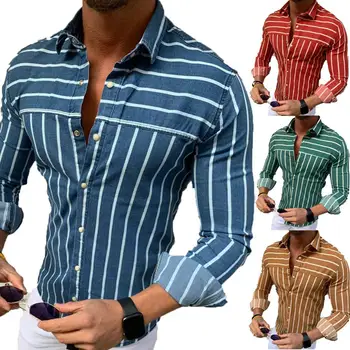 

Fashion Men Business Slim Thin Fitness Stripe Print Turn Down Collar Button Long Sleeve Mini Top