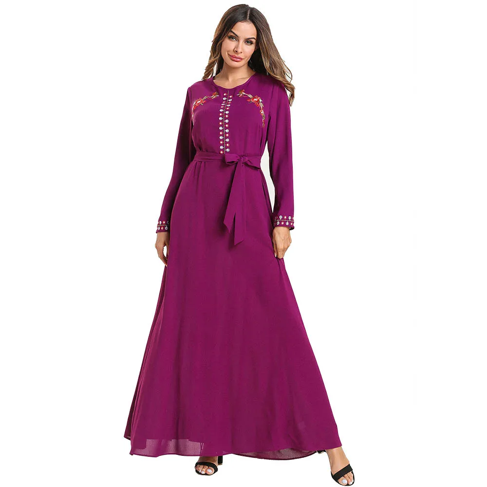 

Plus Size Muslim Abaya Dress Women Embroidery Floral Jubah Big Swing A-line Hijab Dresses Lace-up Long Robe Arab Elbise Clothing