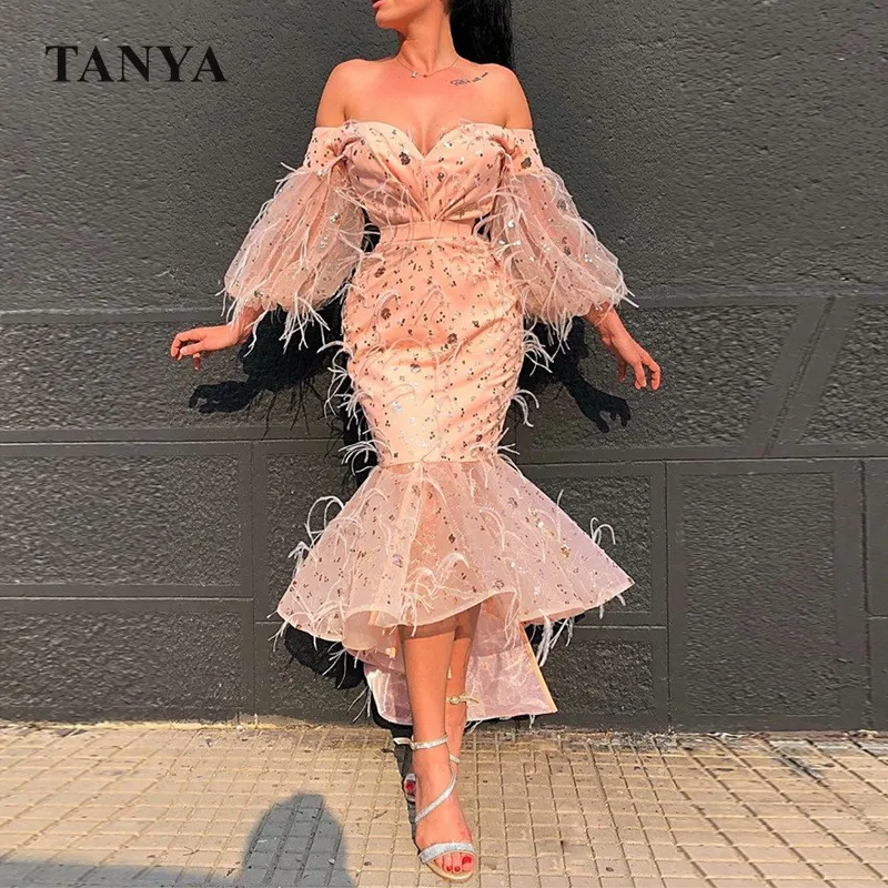 Blush Pink Cocktail Dresses Off The Shoulder Lantern Sleeves Feather