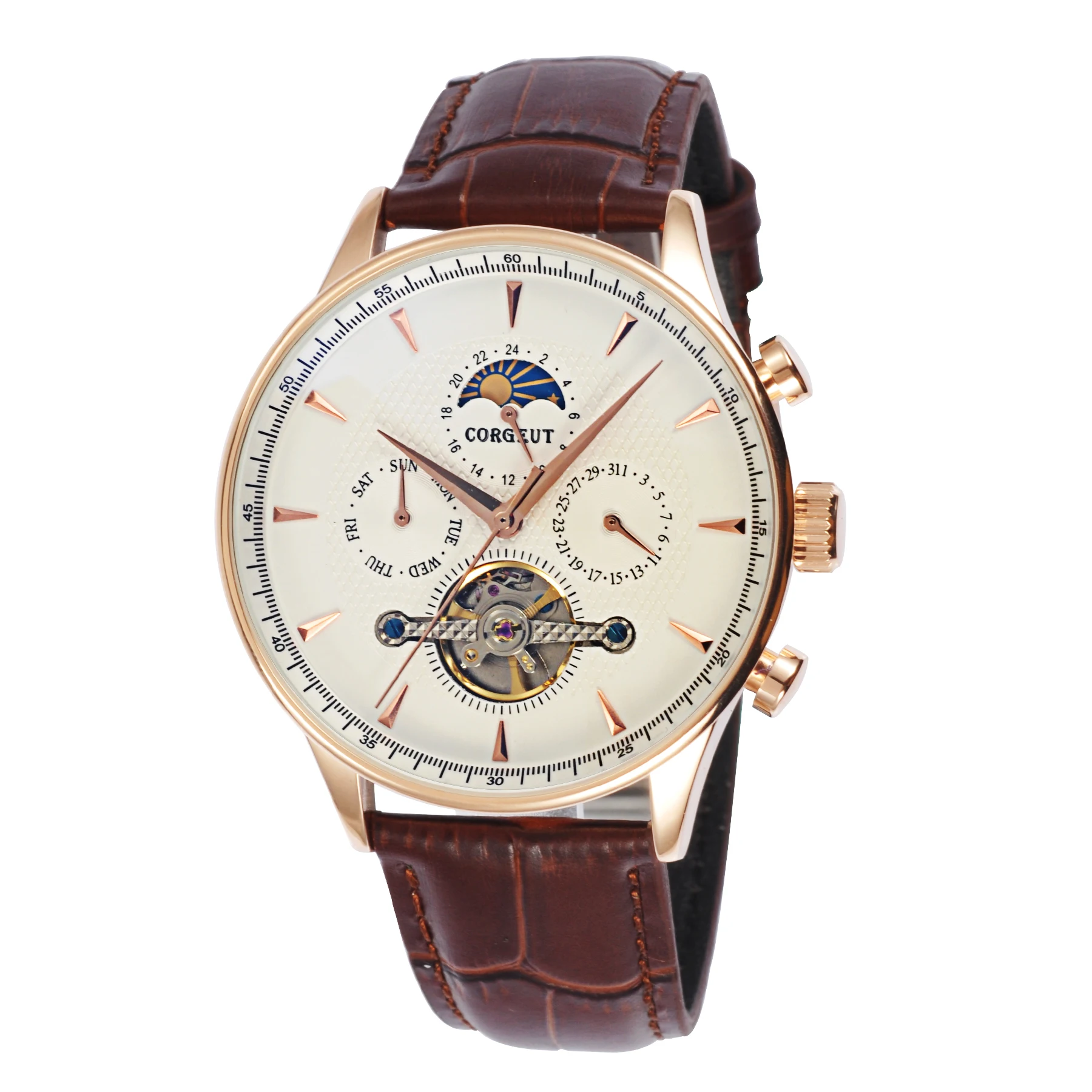 44 мм Rosegold Hand gewolbtes стекло Mondphase дата и тег автоматические часы
