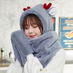 2022new 3 in1 Women Kawaii Bunny Fluffy Plush Earflap Hat with Moving Jumping Rabbit Ears Thicken Warm Beanie Cap Neck Warmer