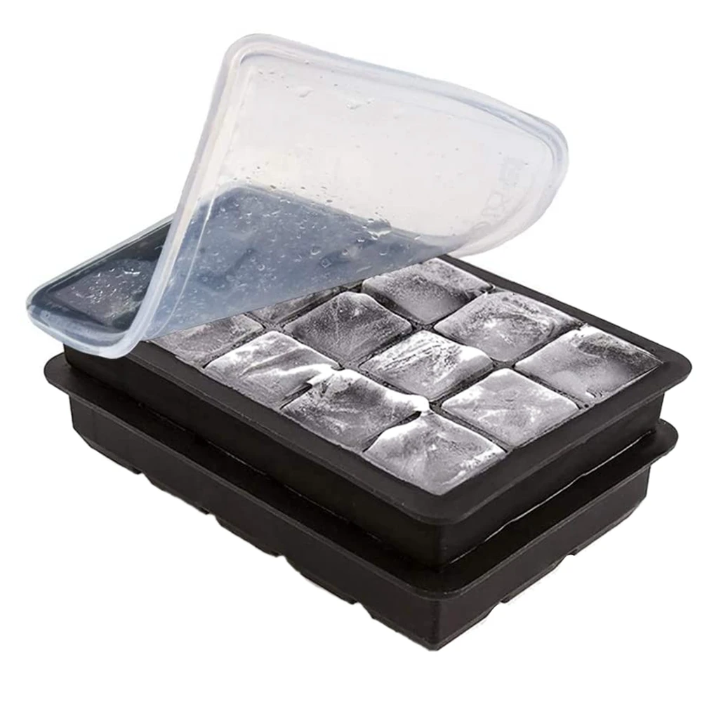 Set of 2 Silicone Ice Cube Trays with Lids BPA Free No Spill Cover Flexible New 