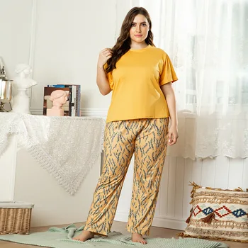 

2020Spring and Summer Plus Size Home Service Two-piece Suit Printed Loose Short-sleeved Casual Pajamas Set Pajamas for Women