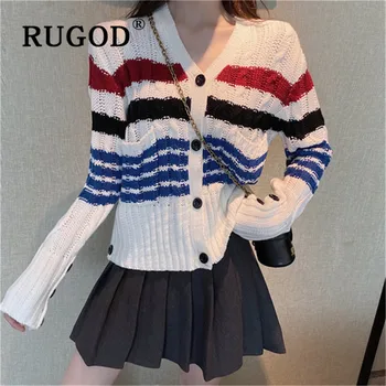 

RUGOD 2019 New Korean Style Stripe Sweater Women Contrast Color Knitted Cardigan V-neck Winter Tops For Women