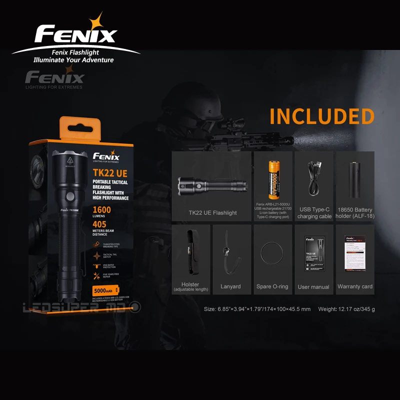 Классический тактический обновленный Fenix TK22 UE 1600 люмен портативный тактический фонарик с литий-ионной батареей 5000 мАч