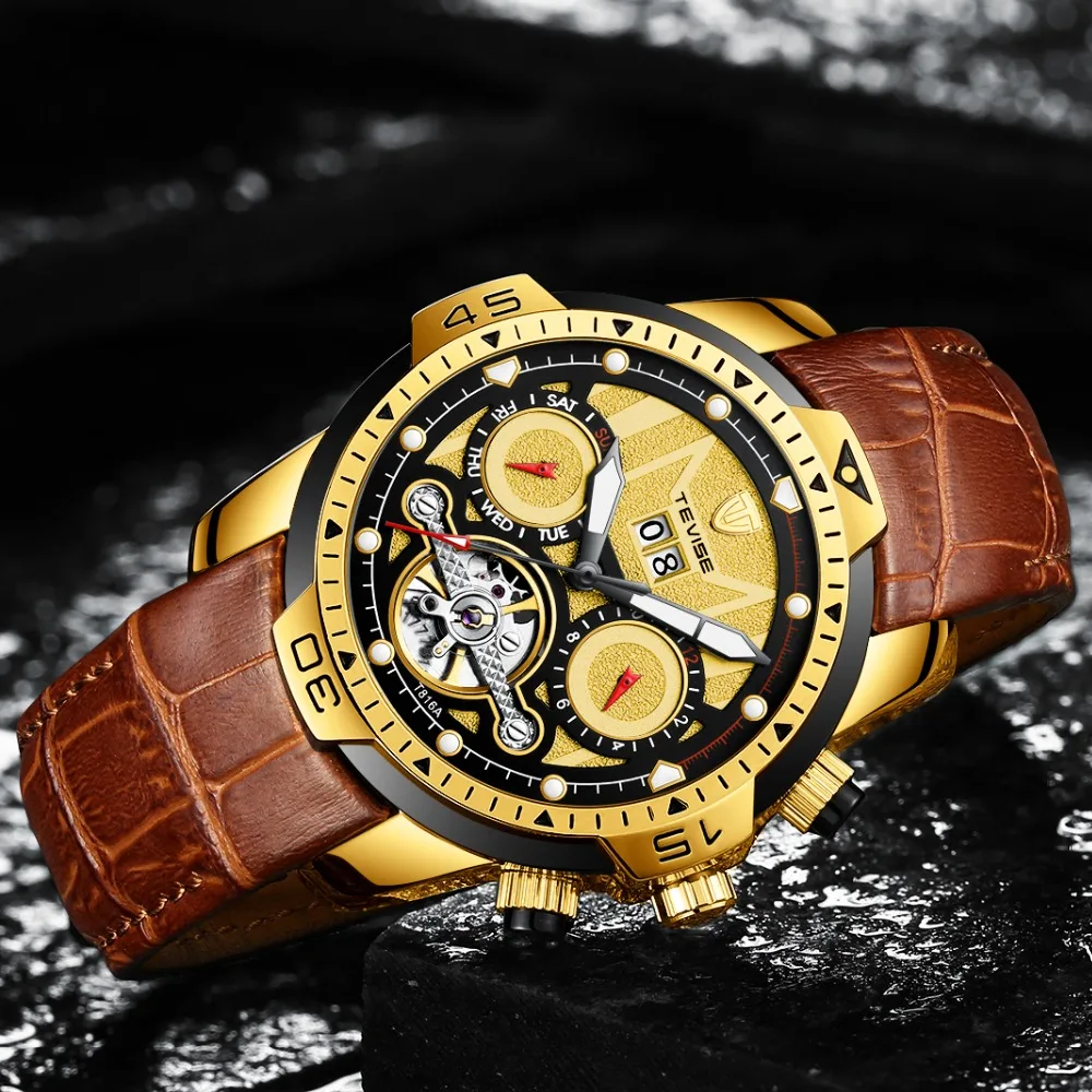 

TEVISE Mens Watches Automatic Auto Date Mechanical Watch Male Multifunction Sport Leather Strap Clock Relogio Masculino