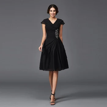 

On Sale Affordable Short Black Chiffon Mother of the Bride Dresses V Neckline Short Sleeve Beaded Tiered Wedding Party Gowns