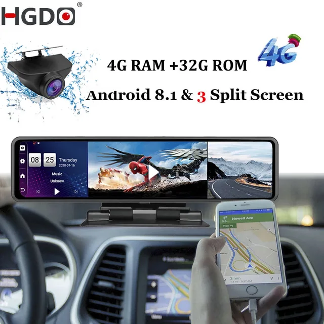 $155.56 HGDO 12'' 4G Car DVR Dashboard Camera Android 8.1 4G+32GADAS Rear View Mirror Video Recorder 1080P WiFi GPS Dash Cam Console