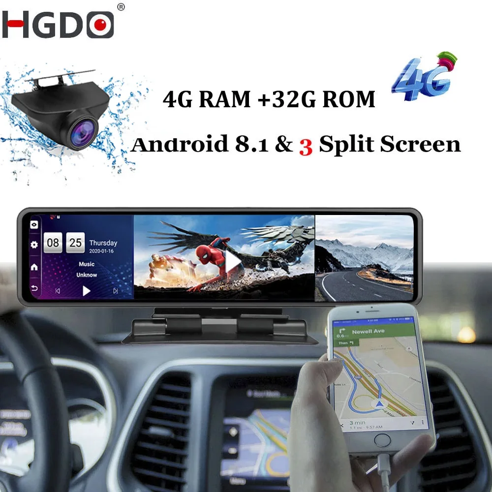 Зеркало заднего вида с видеорегистратором HGDO 12 дюймов 4G Android 8 1 4 Гб ОЗУ 32 ПЗУ 1080P