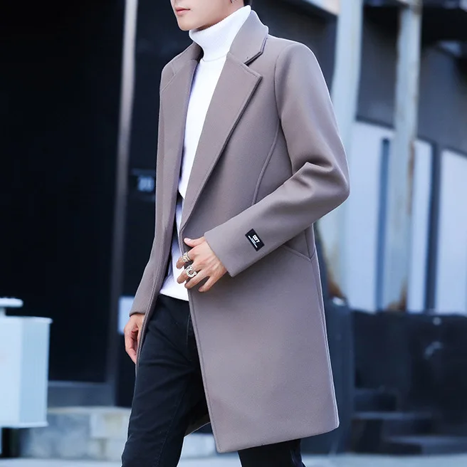 

2019 Winter Men Casual Single Buckle Woolen Mid-length Trench Coat Men'S Wear Fashion Slim Fit Fold-down Collar Woolen Jacket