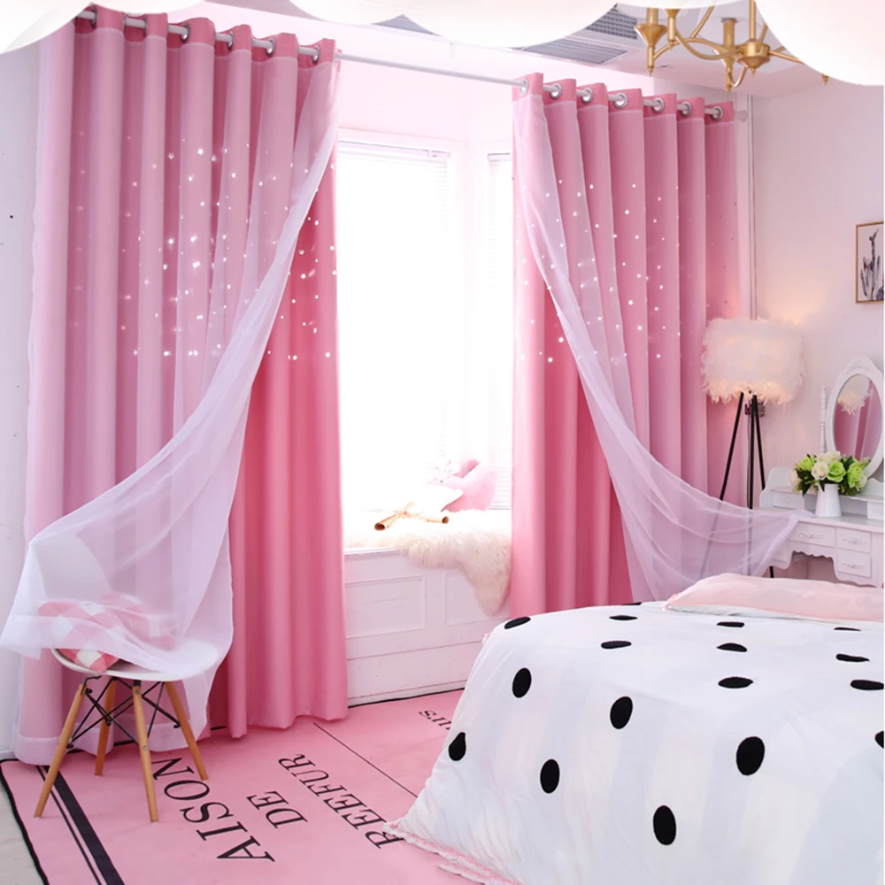 

Blackout Material Window Curtain Double-Layer Yarn Tulle Hollow-Out Cut Out Star Solid Curtain Drape home decor Curtain 20