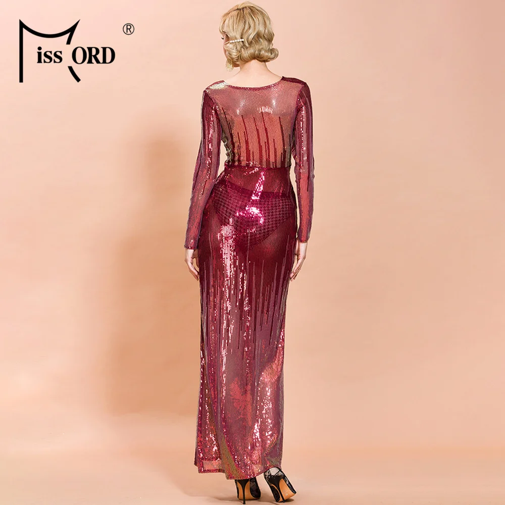 Missord, Осень-зима, глубокий v-образный вырез, длинный рукав, блестки, женское макси платье, одноцветное, высокий разрез, элегантное женское платье FT19909