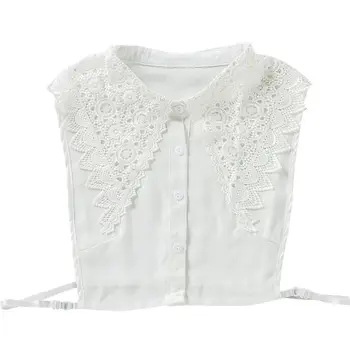 

Korean Women Hollow Floral Lace Fake Collar Detachable Buttons Large Pointed Lapel Half Shirt Blouse Dress Decorative Accessory
