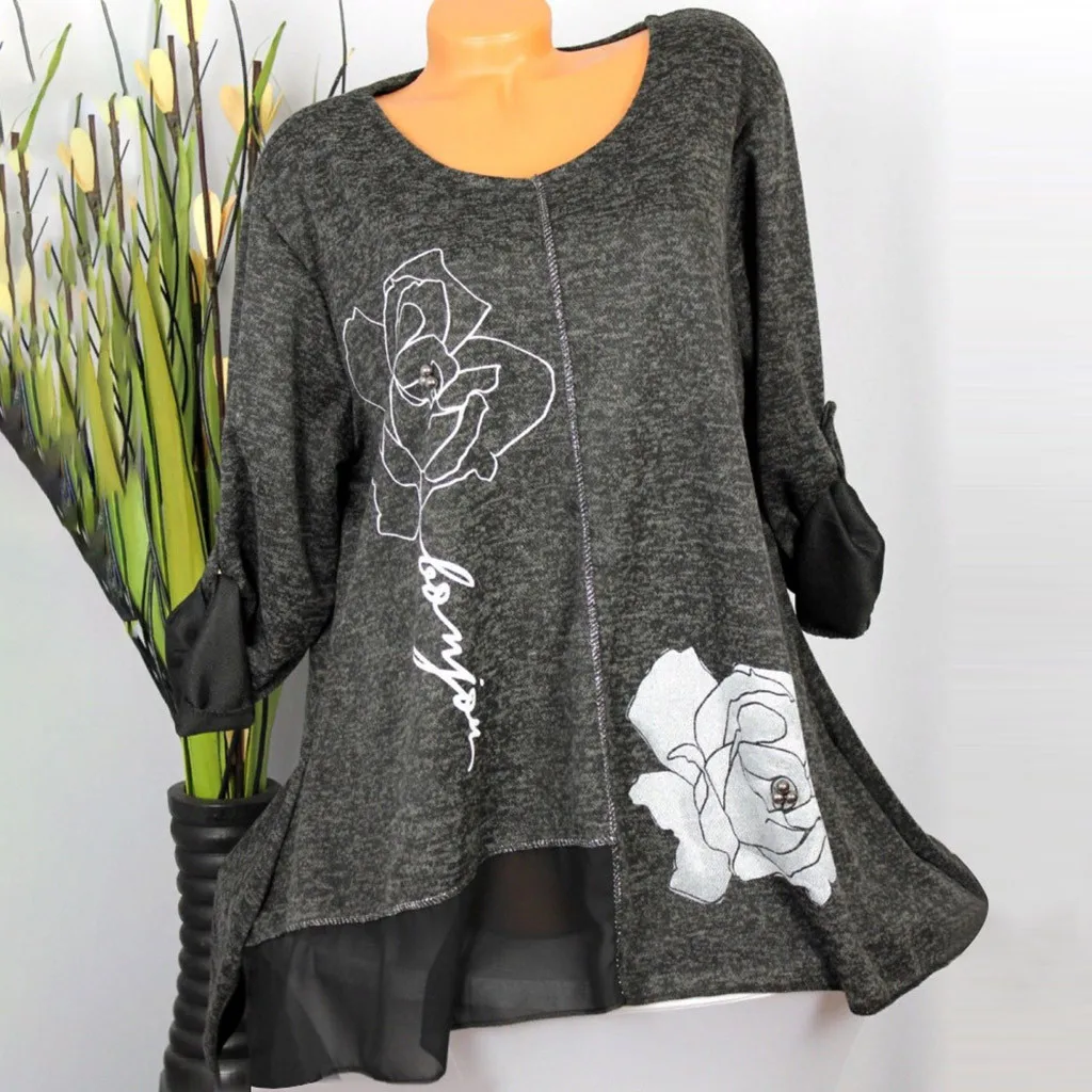 

Flower Print Blouse Women's Printing Splicing Round Collar Revolvable Long-sleeved Tops Blouse Blusas Mujer De Moda 2019 @40
