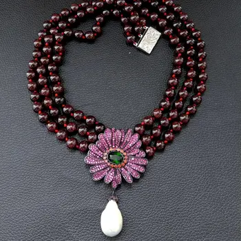 

19" 3 Rows natural round Garnet Necklace White Kehis Pearl cubic zirconia pave Flower Pendant necklace for women