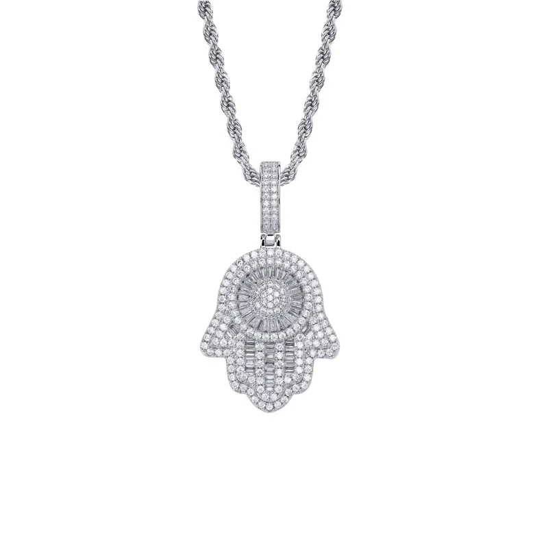 Полный AAA+ кубический цирконий проложили Bling Ice Out Фатима рука амулет подвески ожерелья для мужчин женщин хип хоп рэппер ювелирные изделия - Окраска металла: silver