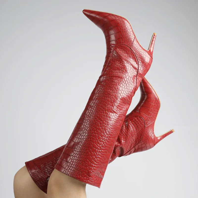 Sexy Slim High Heel Boots Quality Brand Designer Stiletto Heel Botas Mujer Pointed Toe Embossed Female Knww High Boots Plus Size