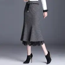 Новое поступление, модная Высококачественная шерстяная клетчатая Женская юбка с высокой талией, кружевная повседневная юбка до середины икры размера плюс, MLXL2XL3XL4XL