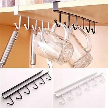 6 Hooks Cup Holder Hang Kitchen Cabinet Under Shelf Storage Rack Organiser Hook