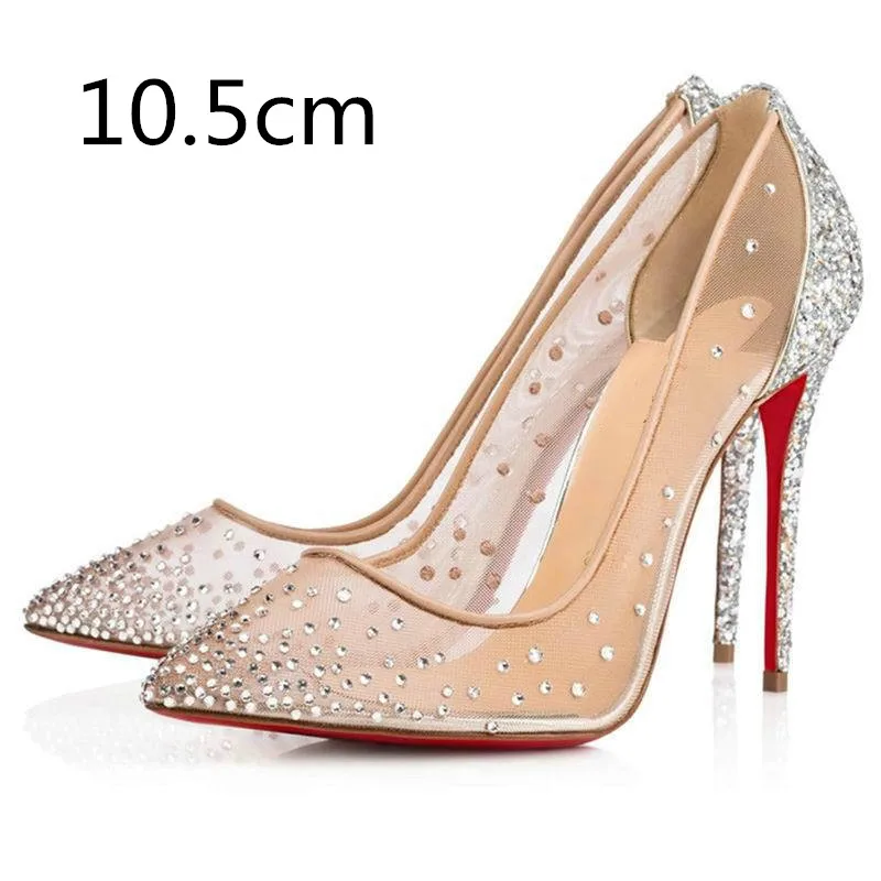 summer Classic Women's Fashion Single Shoes Pointed Rhinestone Mesh Breathable High Heels Red Bottom - Цвет: Apricot-10.5cm