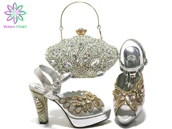 

2020 Nigerian Arrivals Matching Shoes and Bag Set In Heels Matching Shoes and Bag Set for Italian Party in Silver Color Sandals