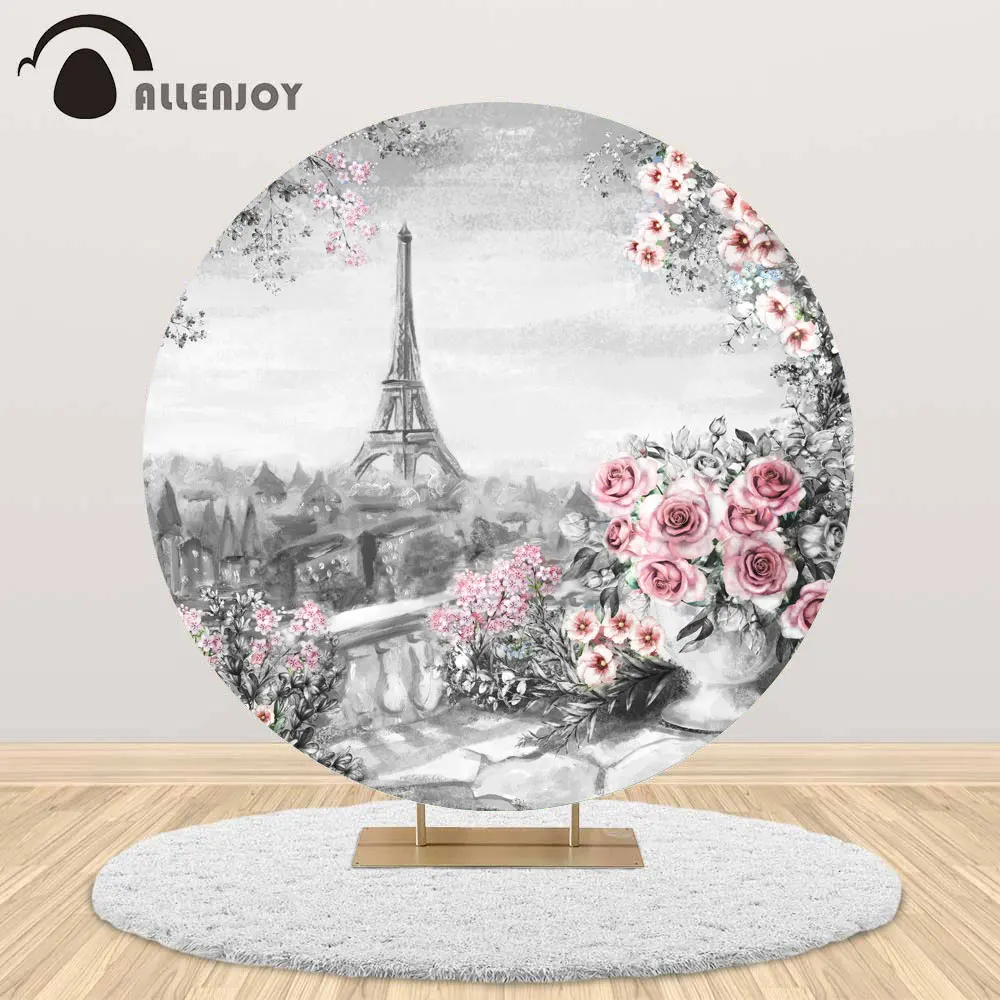 

Allenjoy Eiffel Tower wedding round backdrop rose vintage painting Valentine's Day Bridal shower photocall boda circle cover