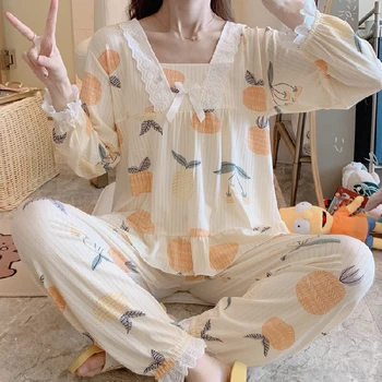 

Autumn Sleep Lounge Pajama suit Long Sleeve Top + Long Pant Woman lace Pajama Set print Pyjamas cute Sleepwear Women M L XL XXL