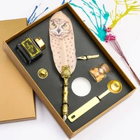 Retro Vintage Fountain Pen Set Calligraphy Owl Feather Quill Writing Dip Pen with Empty Ink Bottle Nib Seal Stamp Wax Gift Box