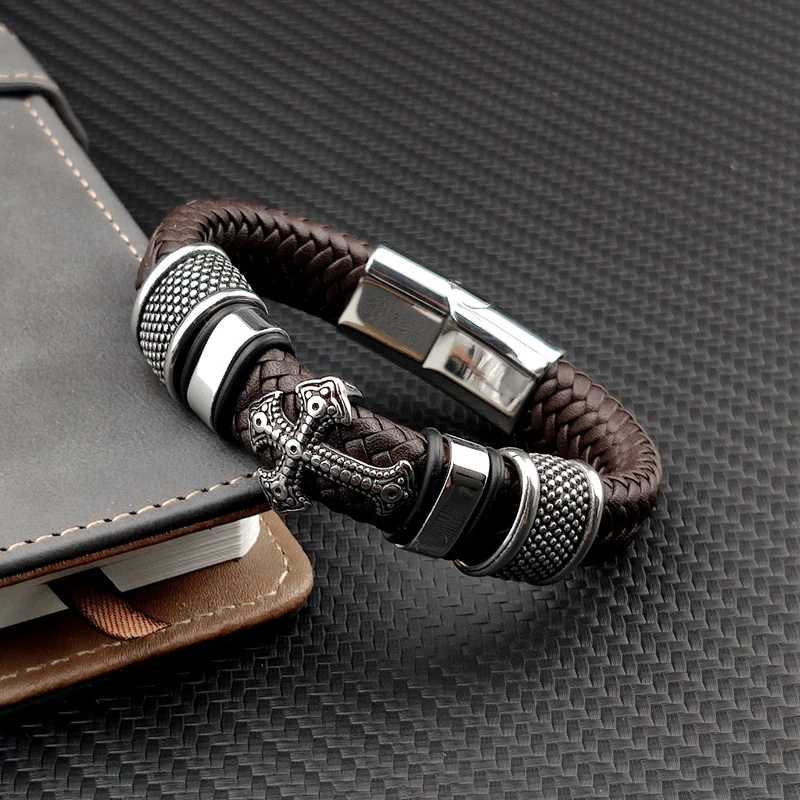 Punk MingAo Charm Stainless Steel Cross Leather Bracelet Man Charm 12*6 Black Woven Name Bracelet Magnet Clasp Brown Gift Bracelet Jewelry