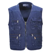 Four Seasons Fat Denim Waistcoat Plus-sized Multi-pockets Pull Even Cardigan MEN'S Waistcoat Vest 6X
