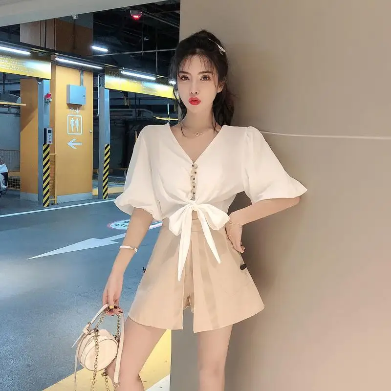 

Set Navel Two-Piece Set Goddess 2019 Summer Western Style New Style V-neck Shirt + High-waisted Loose Pants Skirt WOMEN'S Dress