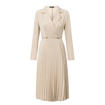 

2020 New Elegant Pleated Ladies Office Dress Solid Breasted Ladies Blazer Dress Long Sleeve Chic Female Banquet Dresses